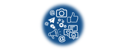 Various symbols and icons representing internet technology and social media icons.