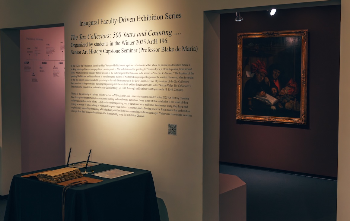 A student-curated art exhibit featuring the painting, The Tax Collectors.